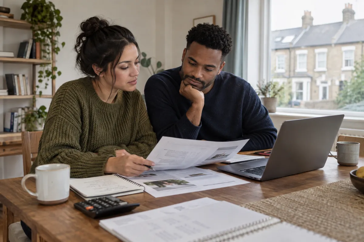 Two first-time buyers studying homebuying information together at their kitchen table